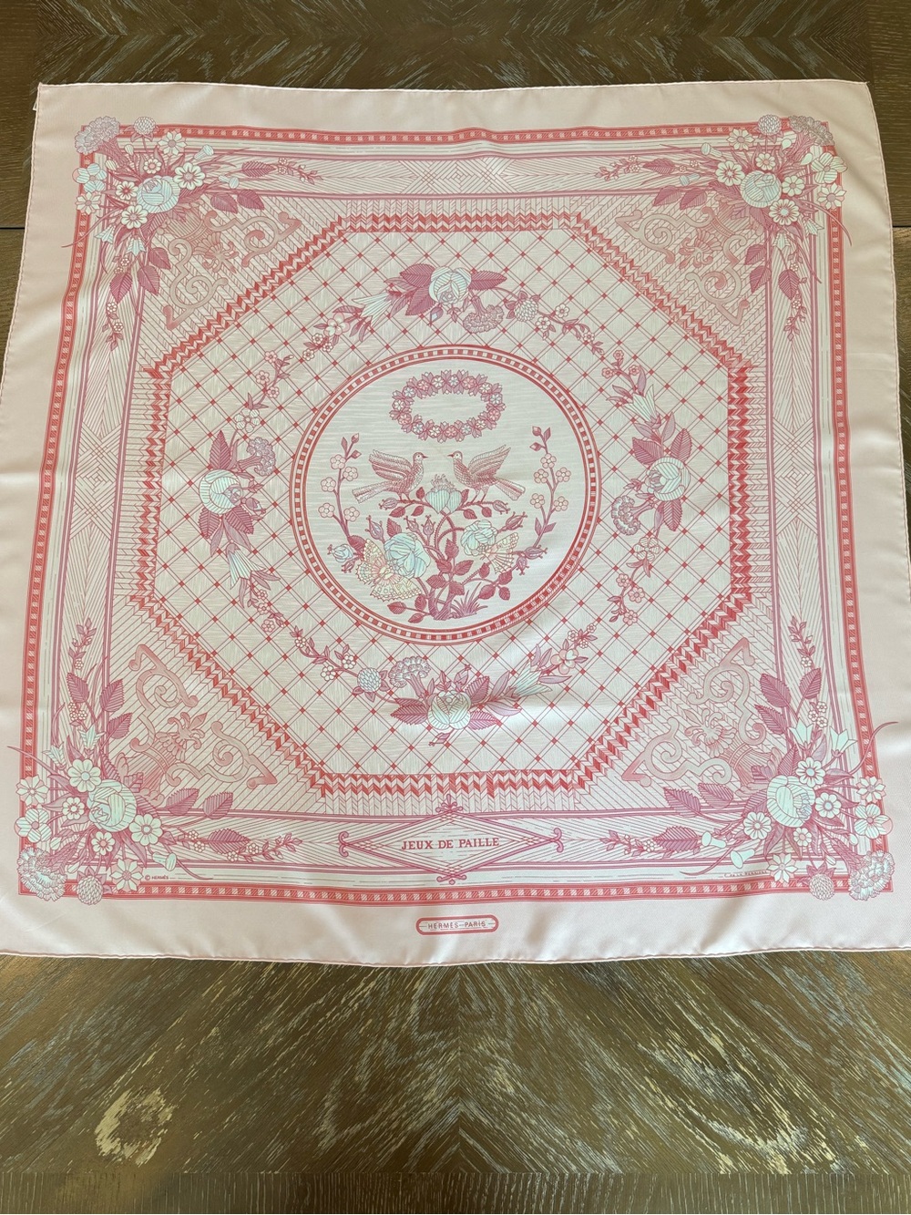 Hermes Silk Scarf Carre 90 Pink White Hand Rolled Made in France